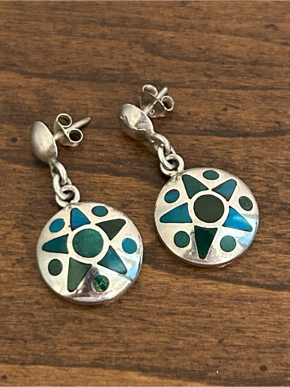 Sterling Silver Teal Green Inlay Drop Earrings